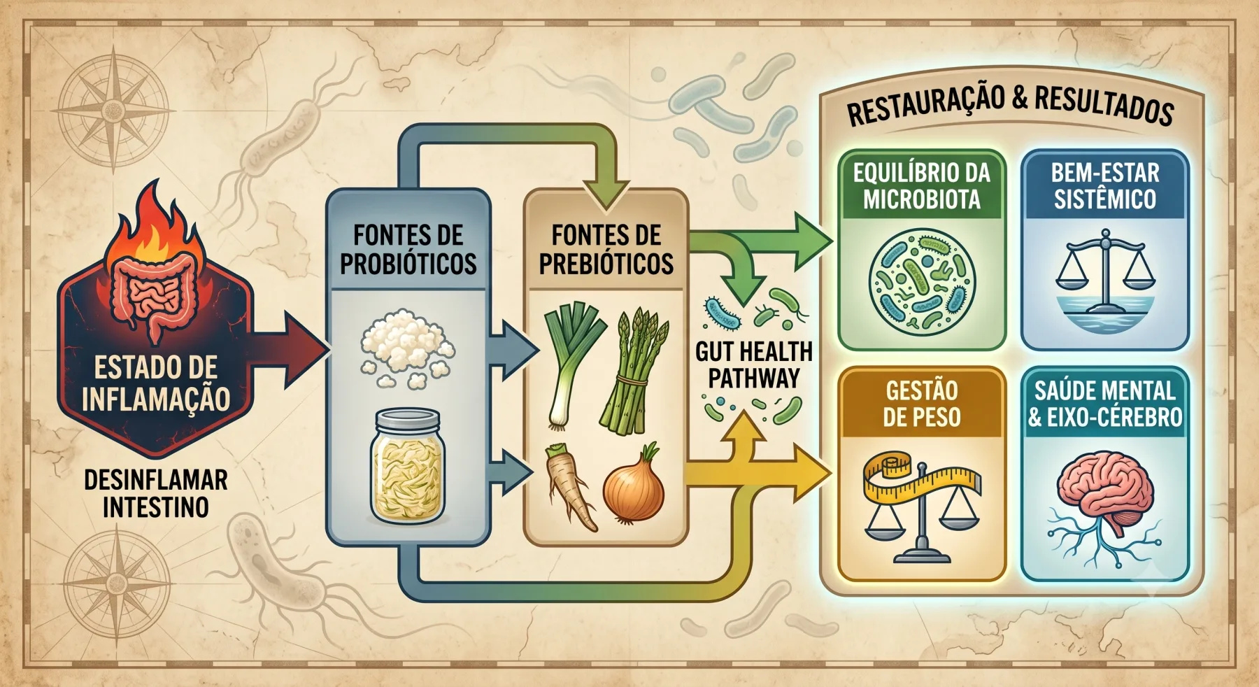 Mapa da Tríade Probiótica: do estado de inflamação às fontes de probióticos e prebióticos, até o equilíbrio da microbiota, o bem-estar sistêmico, a gestão de peso e a saúde mental